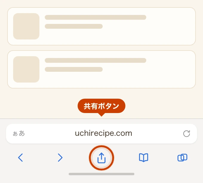 iPhoneのSafariの画面下部。アドレスバーの下に5つのボタンが並び、真ん中の共有ボタン（四角から上向きの矢印が出たマーク）が枠で囲まれ、「共有ボタン」と書かれた吹き出しが付いている