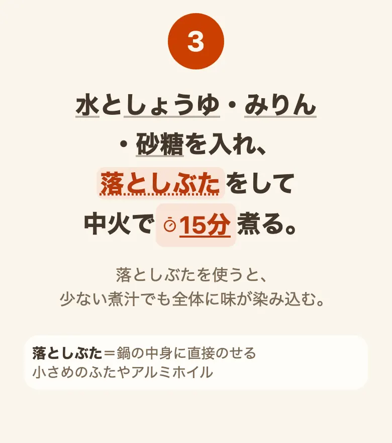 調理中モードの手順表示。丸い「3」の下に手順の本文が大きな文字で表示され、「15分」の時間表記がタイマーのボタンになっている