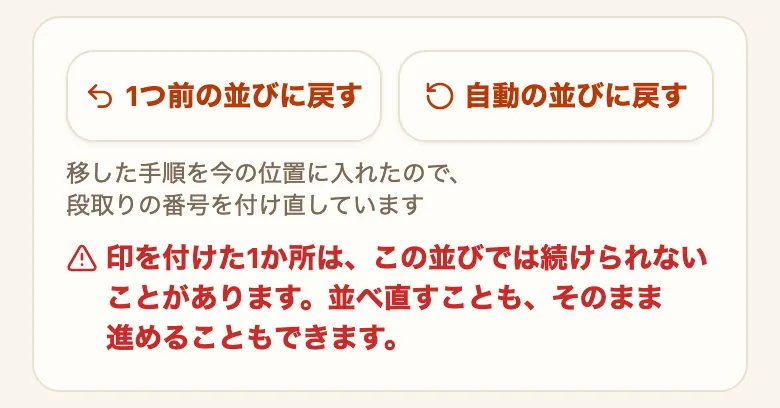 手順が並ぶすぐ上の欄。「1つ前の並びに戻す」「自動の並びに戻す」の2つのボタンが並び、その下に「移した手順を今の位置に入れたので、段取りの番号を付け直しています」と、三角の注意マークつきで「印を付けた1か所は、この並びでは続けられないことがあります。並べ直すことも、そのまま進めることもできます。」と書かれている