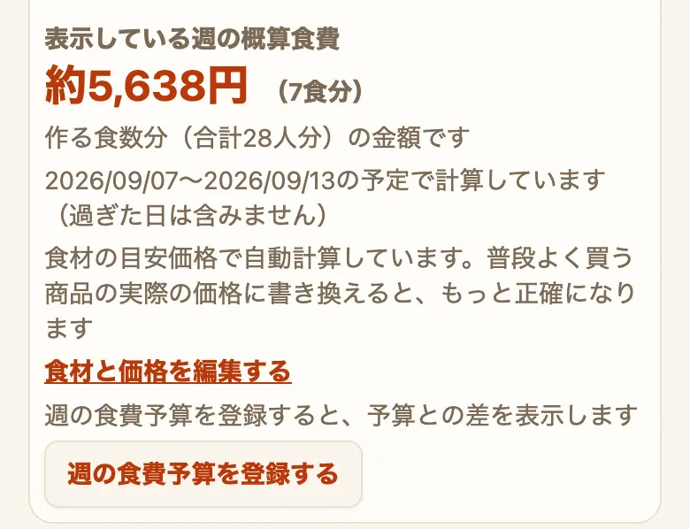 献立の「週」の画面の「表示している週の概算食費」を開いたところ。金額と食数、計算のもとにした期間、「食材と価格を編集する」のリンクが表示されている